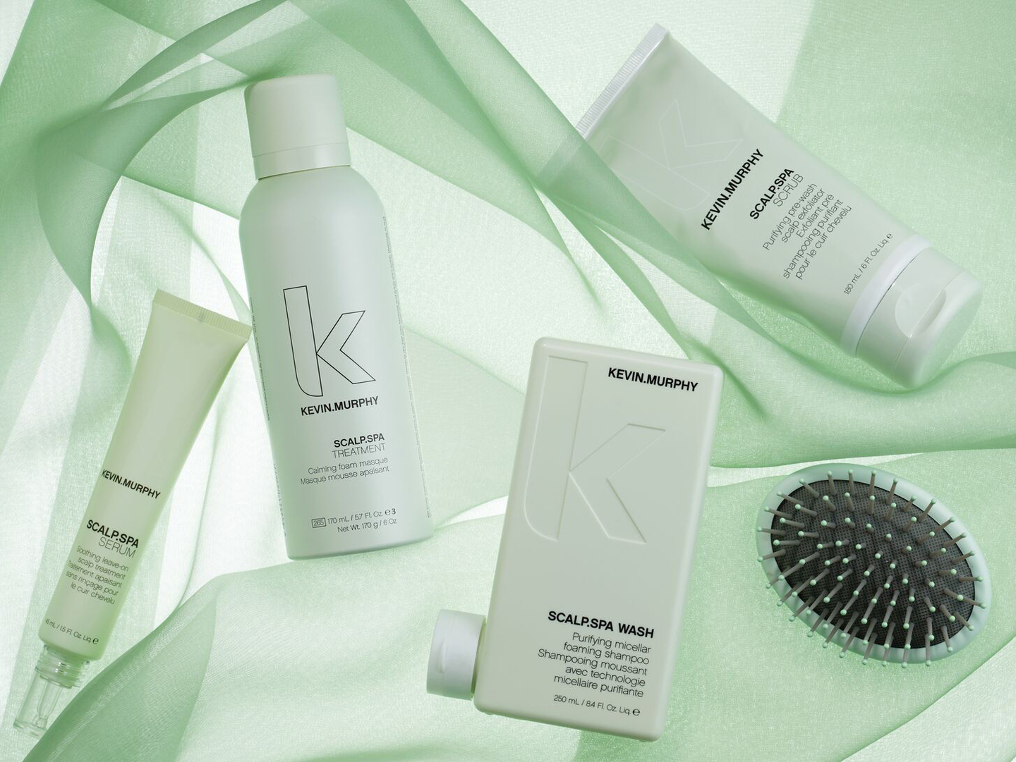 KEVIN.MURPHY Scalp Spa products on mint-green silk backdrop.